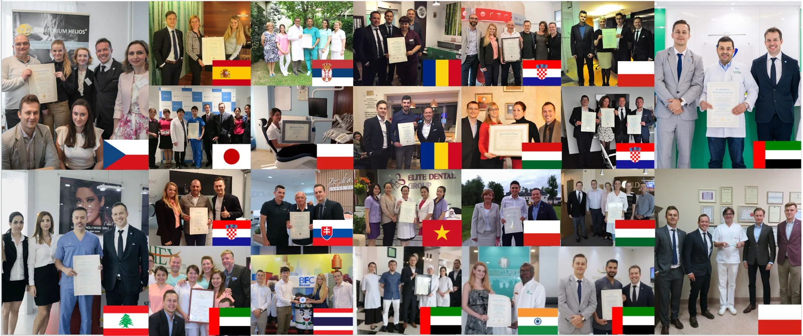 A montage of the GCR team with clinic staff across many countries — Spain, Serbia, Romania, Croatia, Poland, Czechia, Japan, Hungary, the UAE, Slovakia, Vietnam, Lebanon, Thailand, India and more — each photo tagged with its national flag
